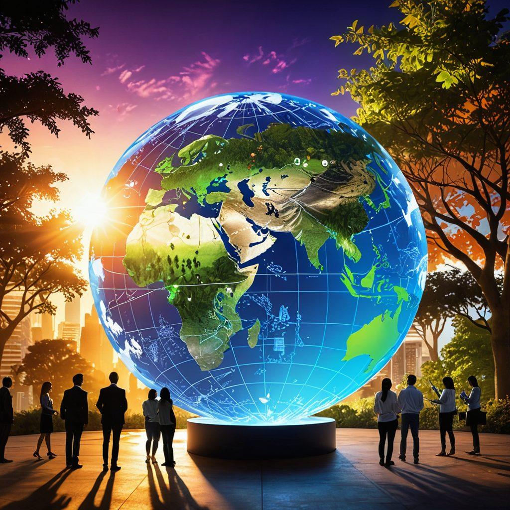 A dynamic scene showcasing diverse individuals collaborating around a digital globe representing the Youji Network. Infographics and key resources float around them, symbolizing insights for success. The background features cityscapes merging with nature, displaying innovation and harmony. Sunlight filters through, casting a warm glow over the gathering. vibrant colors. super-realistic.
