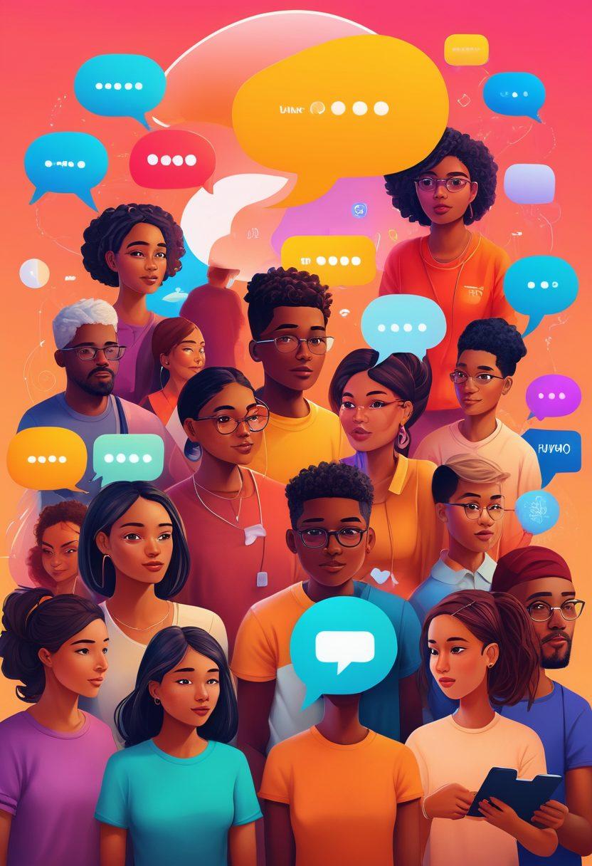 An illustration depicting a diverse group of people collaborating on digital devices, showcasing the Youjixz platform interface filled with community icons and support features. Surrounding them are vibrant speech bubbles representing various solutions, connected by digital pathways. The background features stylized technology elements blending into a supportive community atmosphere. super-realistic. vibrant colors. digital art.